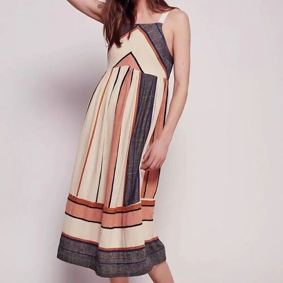FREE PEOPLEBloom Dress Gray Ivory Orange Midi Vertical Stripe DressSmall
